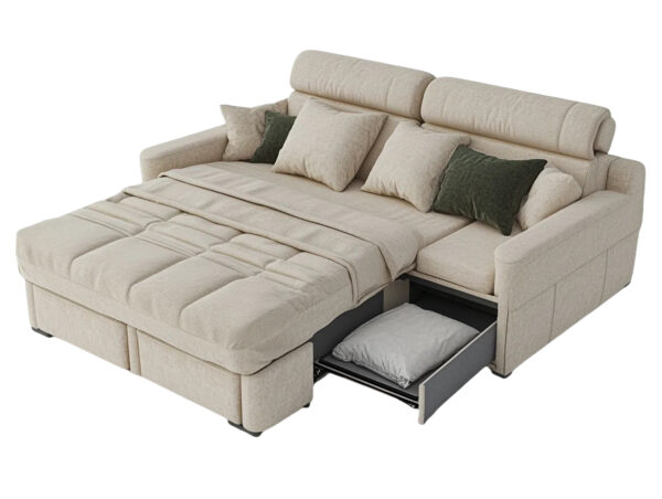 Canapé-lit convertible avec rangement intégré salon tissu beige design moderne fonction multi-usage 220x150 cm