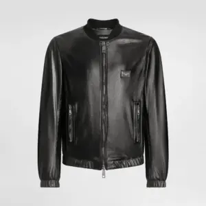 Leather jacket with branded tag