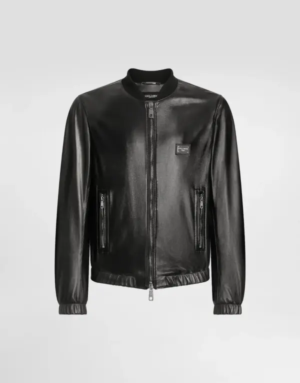 Leather jacket with branded tag