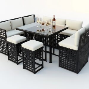 Conjunto de comedor de jardín negro y beige en ratán sintético para terraza 8 plazas moderno resistente a la intemperie GQ3696123