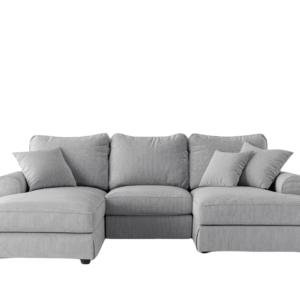 Divano angolare in tessuto grigio con chaise longue e cuscini decorativi