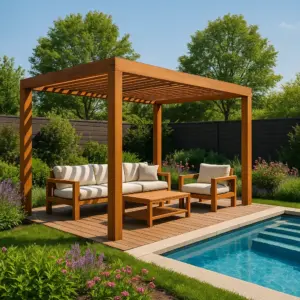 Pérgola de madera para jardín - Color madera - para exterior, 400 cm largo x 250 cm alto x 300 cm profundo