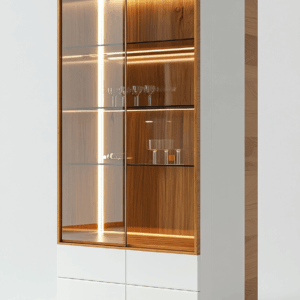 Vitrina alta de diseño moderno con iluminación LED y cajones blancos
