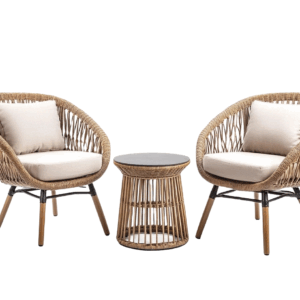 Set salotto da esterno 3 pezzi in rattan sintetico con tavolino e sedie con cuscini beige