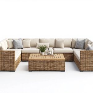 Sofá modular de ratán natural con cojines beige para sala de estar o jardín estilo contemporáneo 320x260 cm funcional y elegante QJ3630017
