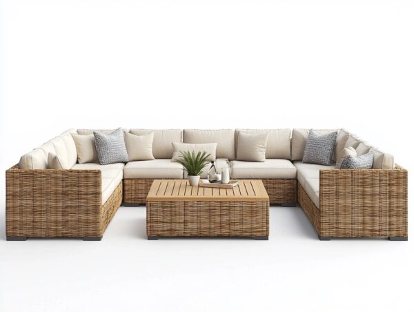 Sofá modular de ratán natural con cojines beige para sala de estar o jardín estilo contemporáneo 320x260 cm funcional y elegante QJ3630017