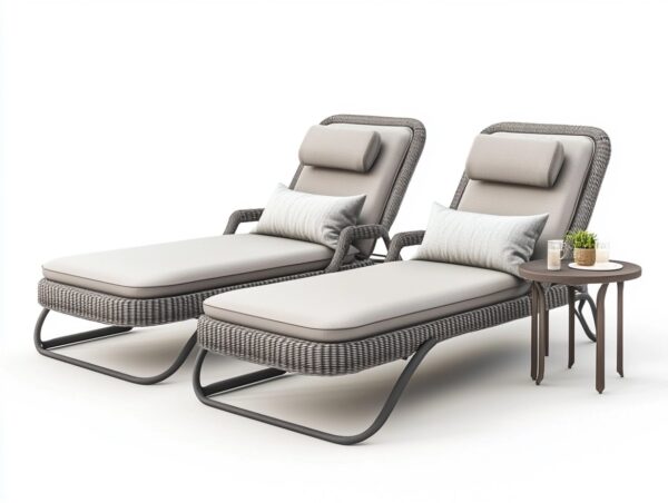Conjunto de tumbonas reclinables gris claro para jardín con cojines modernos de ratán sintético y mesa auxiliar HV9433719