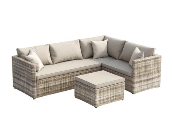 Set salotto angolare da giardino in rattan beige con cuscini 190x190x65 cm