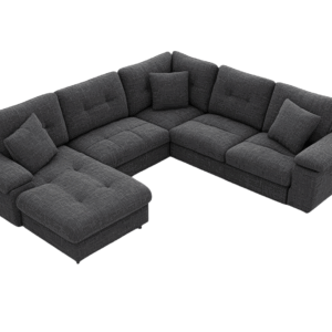 Divano angolare modulare da soggiorno 5 posti in tessuto grigio scuro con chaise longue 320x260x90 cm