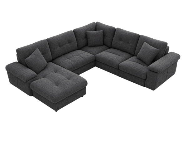 Divano angolare modulare da soggiorno 5 posti in tessuto grigio scuro con chaise longue 320x260x90 cm