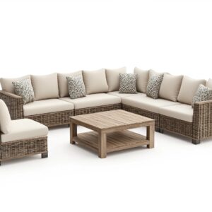 Sofá modular de ratán natural beige para exterior estilo contemporáneo con mesa de centro de madera juego de jardín en esquina 270x270cm VX2782202
