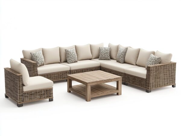 Sofá modular de ratán natural beige para exterior estilo contemporáneo con mesa de centro de madera juego de jardín en esquina 270x270cm VX2782202
