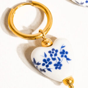 Blue and White Ceramic Flower Heart Earrings