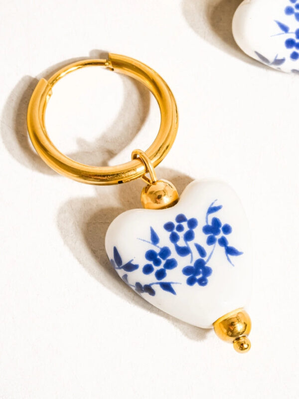 Blue and White Ceramic Flower Heart Earrings