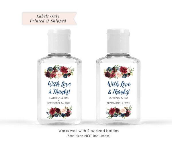 wedding favor hand sanitizer labels burgundy navy floral set of 20