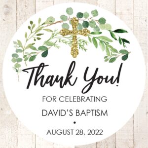 Baptism Thank You Stickers with Greenery and Gold Accents