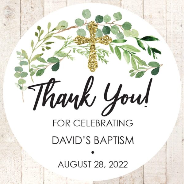 Baptism Thank You Stickers with Greenery and Gold Accents