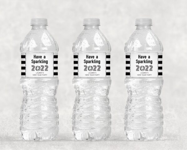 New Year's Water Bottle Decorative Labels - Sparkling Silver and Black Set of 10
