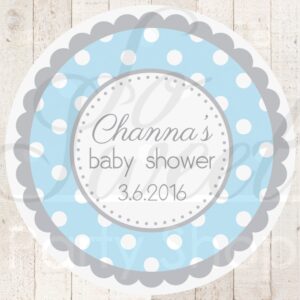 Boy's Shower Favor Sticker Labels Blue and Gray Polka Dot