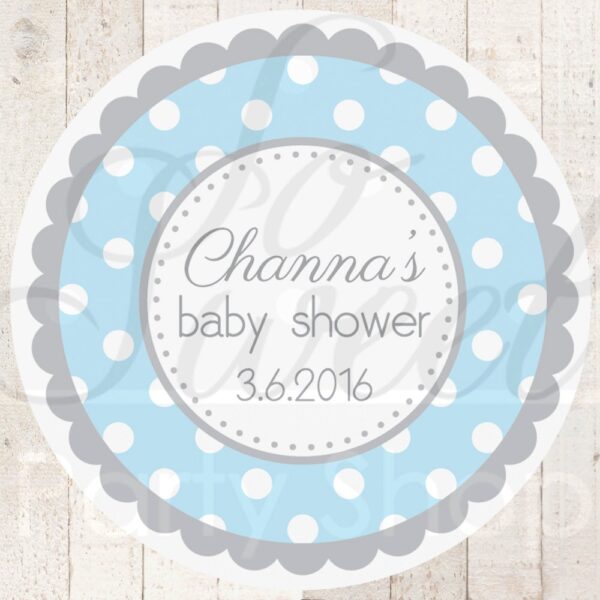 Boy's Shower Favor Sticker Labels Blue and Gray Polka Dot