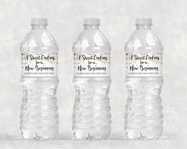 New Year's Beverage Labels - Gold Glitter and Black Set of 10